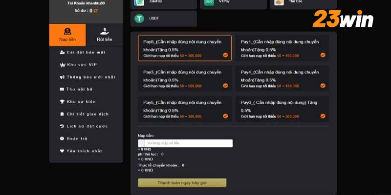 Hướng Dẫn Nạp Tiền 23WIN Và Đặt Cược